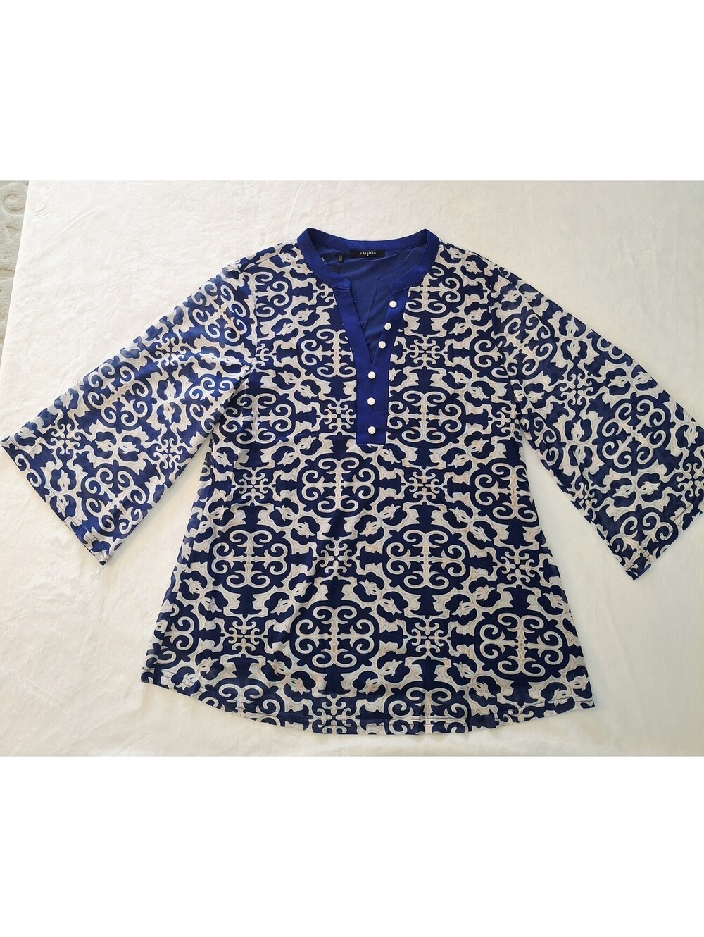 Valolia Flare 3/4 Sleeve Elegant Blouse Blue/ White Print Women's Large